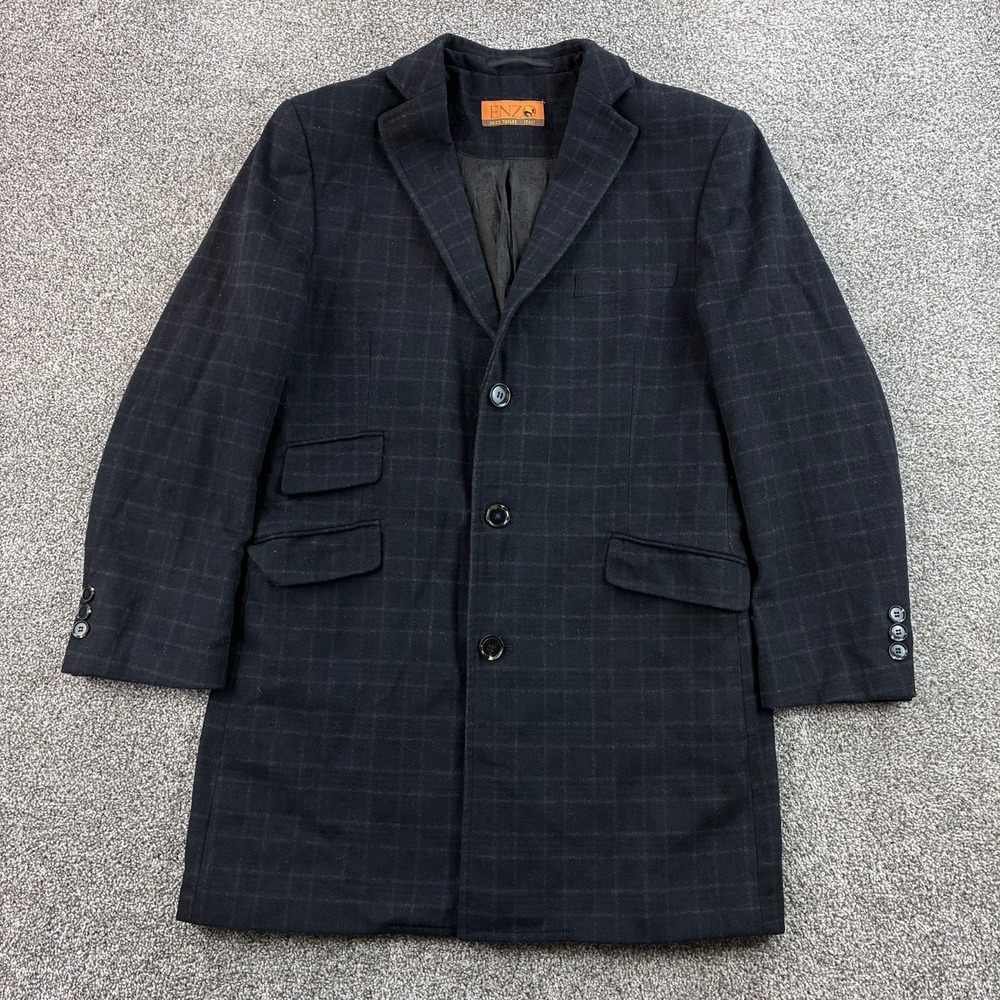 Enzo Tovare Car Coat Men's 42 Blue Gray Plaid Lined Wool Blend Overcoat